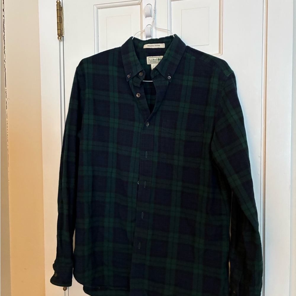 L.L. Bean Men's Navy and Green Plaid Shirt